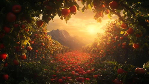 Golden orchard sunset over a river of fallen apples.