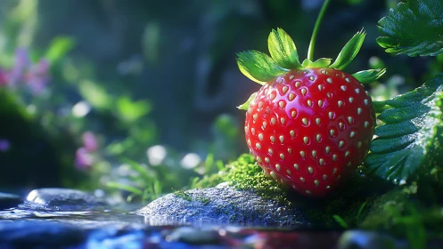 Glowing strawberry rests beside a sparkling forest stream.