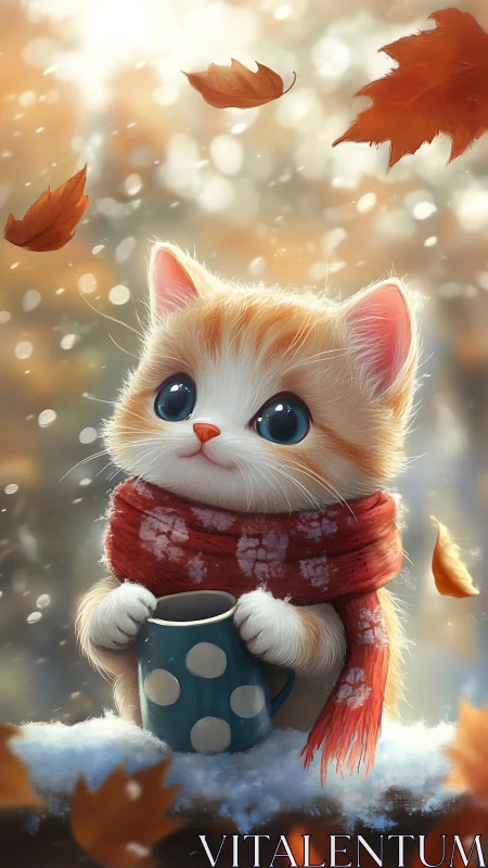 Orange and white cat with red scarf holding beverage mug