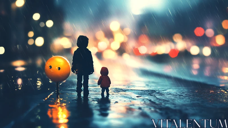 Rain soaked neon street shows silhouetted children with glowing orb