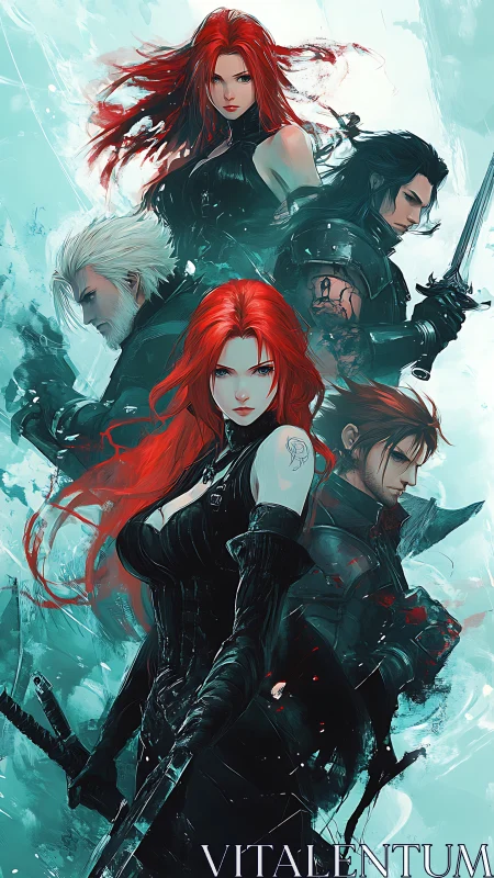 Red-haired swordfighters compose a dynamic vertical anime tableau