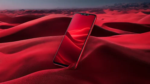Bold red smartphone rises like a beacon in flowing dunes