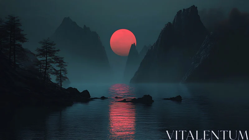 Crimson sun descends behind misted fjord peaks in digital chiaroscuro
