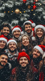Snowlit Santa hat chorus around a glowing Christmas tree.