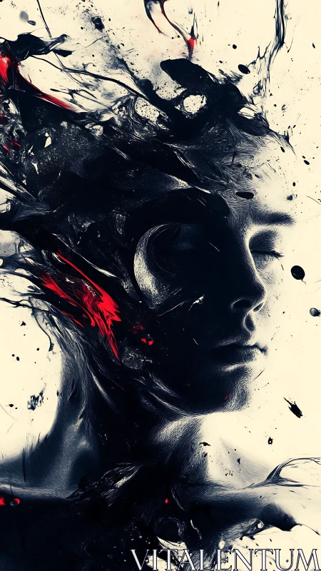 Abstract human portrait with dark splashes on pale ground.