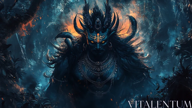 Mythic horned deity emerges from bioluminescent jungle inferno