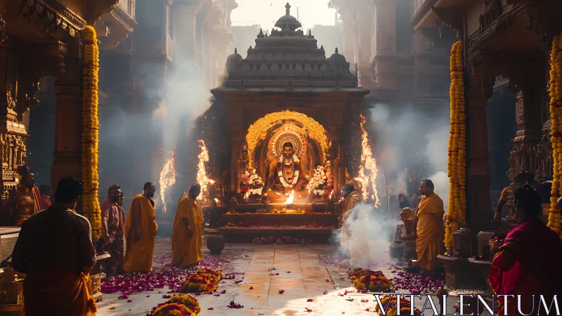 Temple interior with central deity shrine and priests gathered.