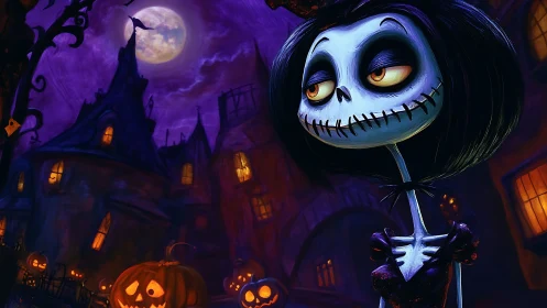 Moonlit skeleton girl slow-blinks through crooked Halloween town