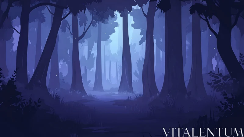 Misty Forest Pathway Through Tall Pines.