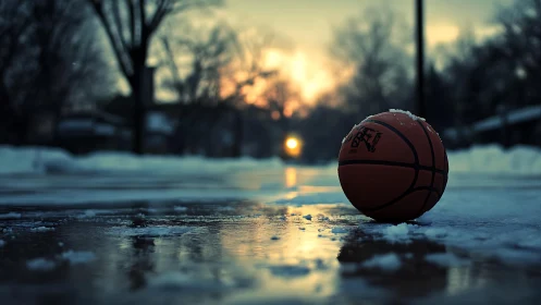 Basketball on icy outdoor court at winter sunset scene.