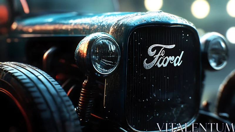 Rain-kissed vintage Fiord grill under neon drizzle glow.