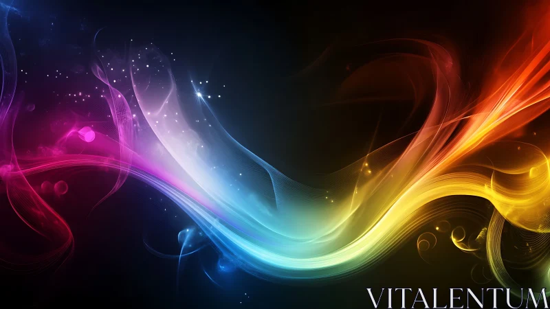 Glowing rainbow ribbons flow across a dreamy night sky.