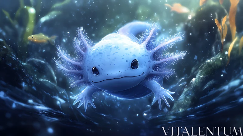 Glowing axolotl drifts through a dreamy blue kelp forest.