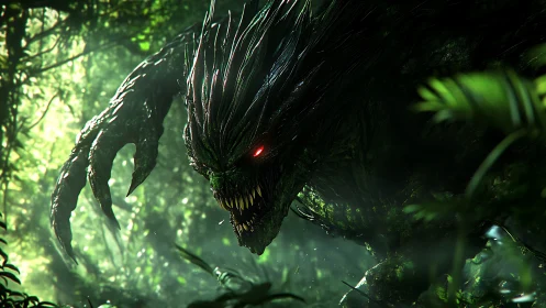 Forest demon emerging with glowing eye in toxic light.