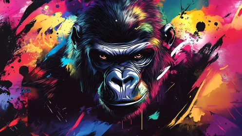 Prismatic gorilla portrait amid explosive neon paint strokes.