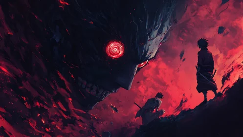 Samurai duel against colossal demonic vortex entity under blood sky