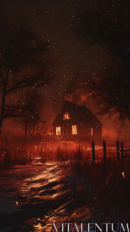 Nocturnal Manor Ablaze: Photorealistic Digital Rendering.