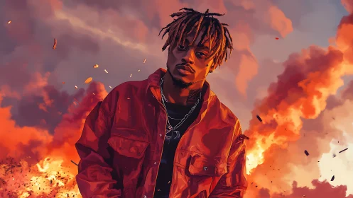 Stylish man stands before fiery explosion in vivid sky.