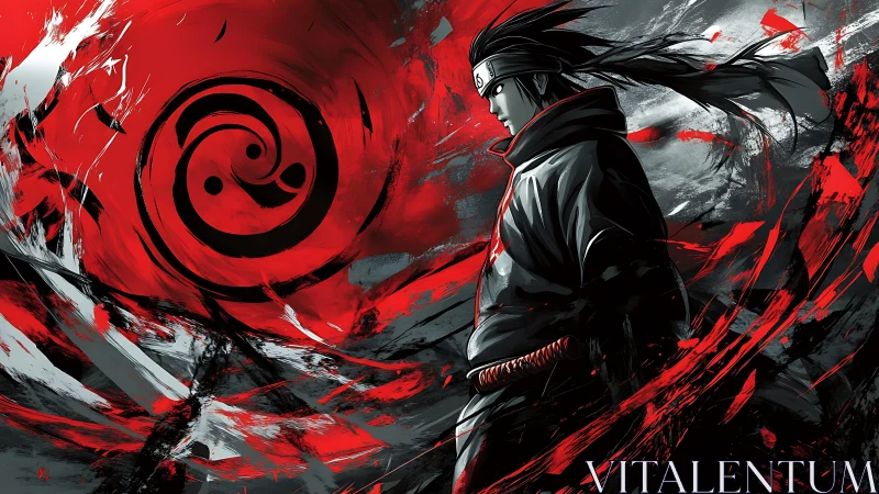 Anime ninja figure with red spiral symbol background.