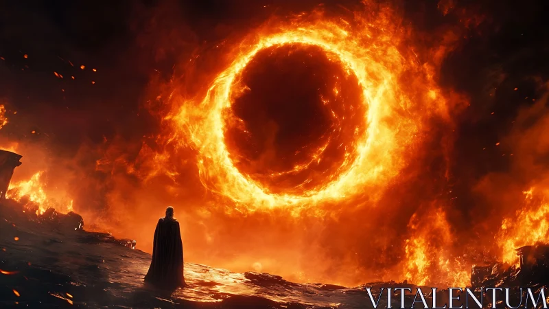 Lone wanderer beneath a roaring ring of living fire.