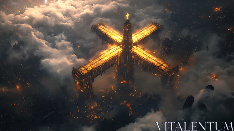 Golden cross-shaped sky tower glowing above stormy city.