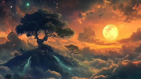Solitary hilltop tree under enlarged moon and cloud field.