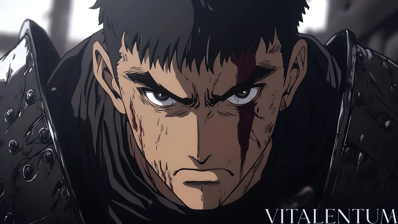 Battle-hardened anime warrior rendered with high-contrast cel shading