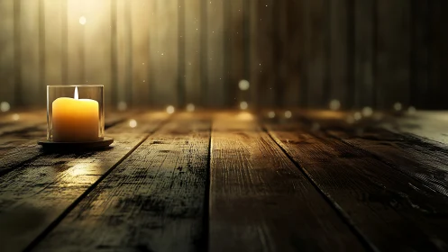 Single candle on wooden floor in warm dim light.