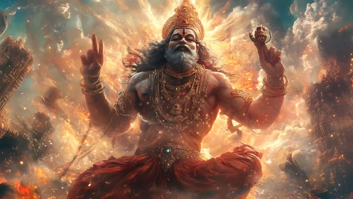 Divine warrior deity rises amid burning celestial ruins