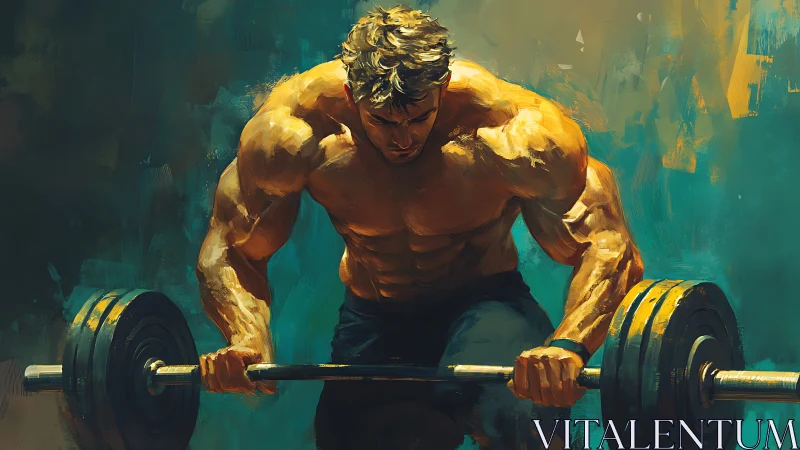 Muscles wrestle steel as teal and gold brushstrokes collide