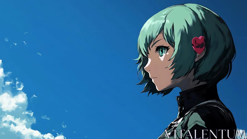 Emerald haired girl studies horizon under intense blue sky.