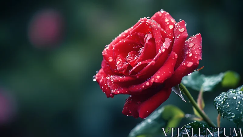 Red rose glistens with morning dew drops and rain