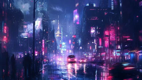 Cyberpunk city street glows with neon lights in heavy rain