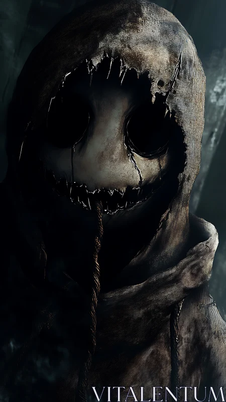 Hooded humanoid figure with eyeless mask in dim setting.
