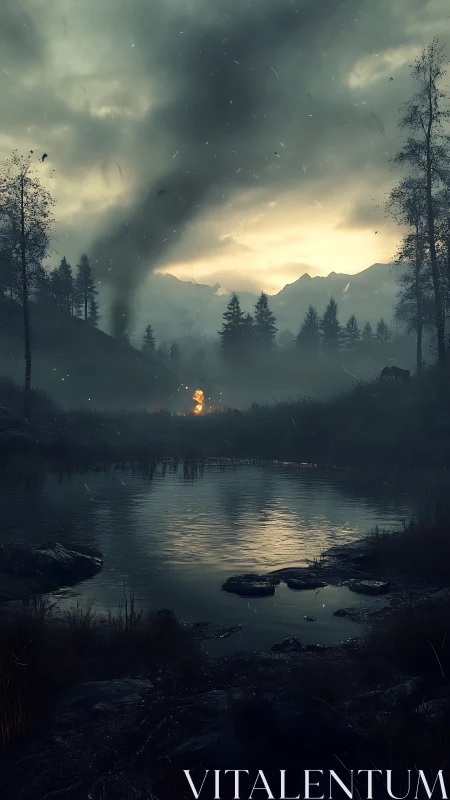 Stormy marsh sunset with distant wildfire and dark smoke plume.