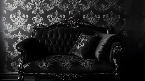 Baroque black sofa rests before ornate damask wall