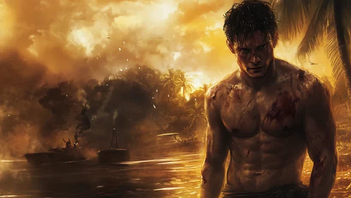 Battle-scarred warrior on burning jungle river at dusk.
