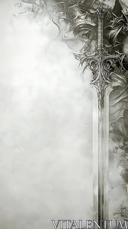 Ornate fantasy sword rises from swirling monochrome mist