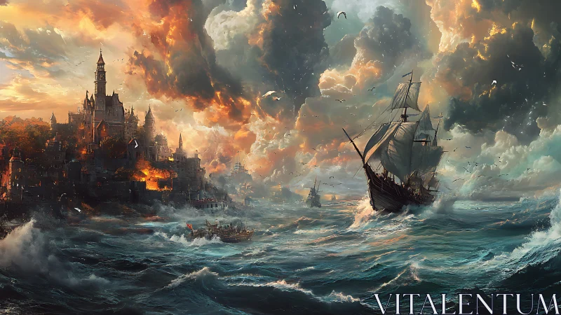 Stormlit fortress shore and brave galleon in wild seas.
