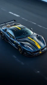 Black track car with yellow stripes in overhead view.