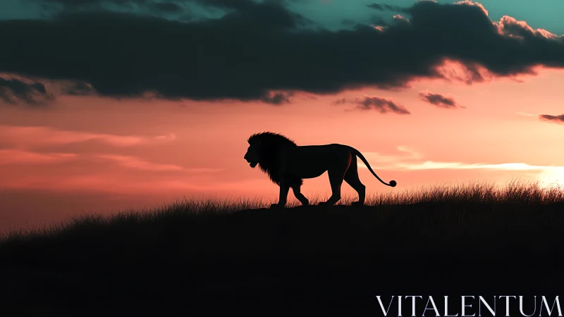 Silhouette lion unhurriedly patrols a neon painted savanna sky