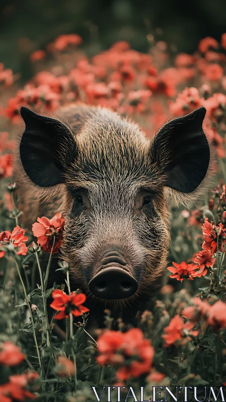Curious wild boar peeking out playfully from red flower field.