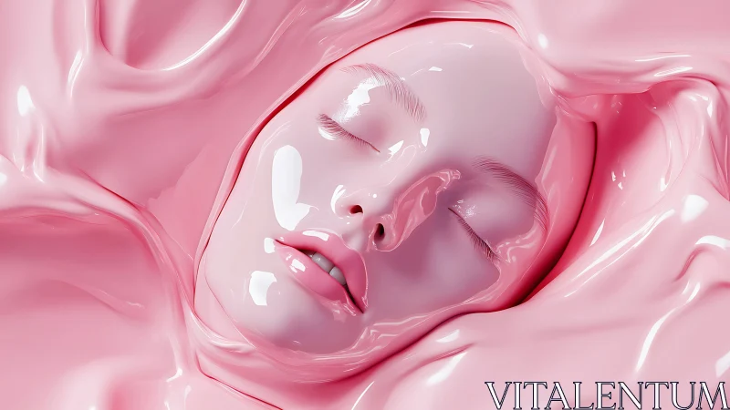 Dreamlike face drifting in glossy waves of soft pink calm.