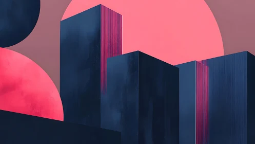 Geometric skyline against dual chromatic suns in abstraction.