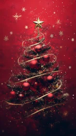 Shimmering Christmas tree glows warmly on a festive red sky