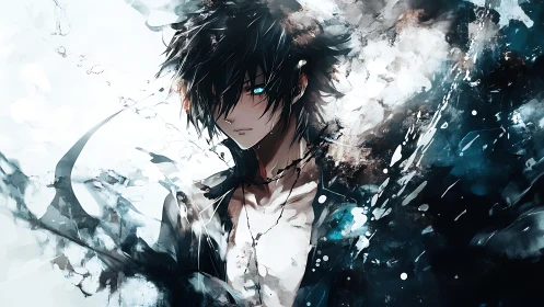 Brooding anime figure framed by abstract ink splashes.