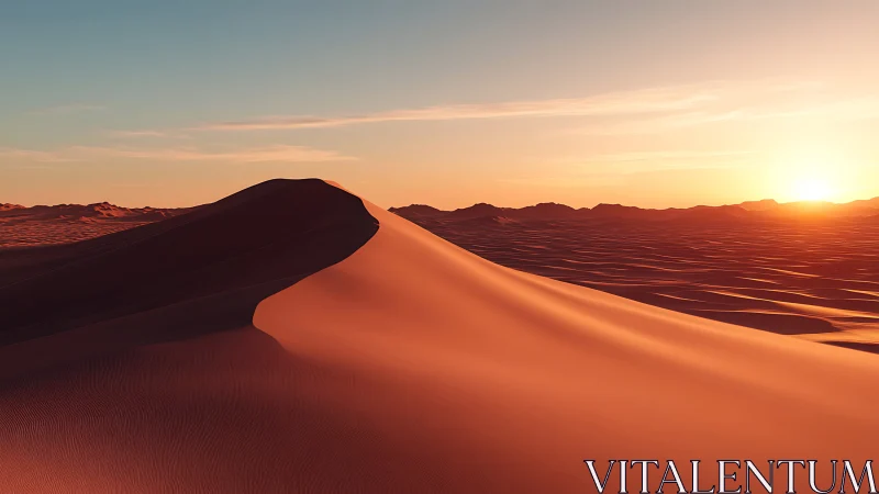 Sunlit desert dune rises against clear glowing horizon