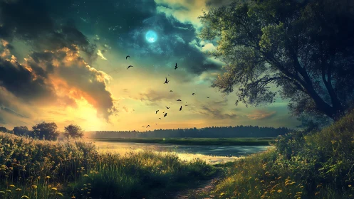 Landscape shows riverbank meadow under dramatic twilight sky