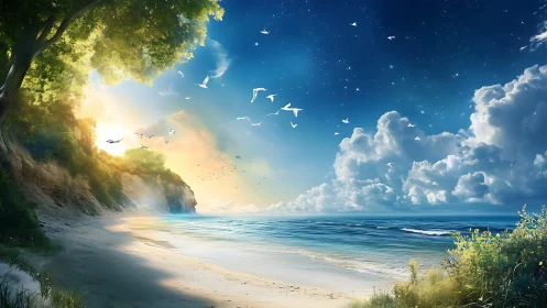 Coastal sunrise sky gradient with volumetric clouds and birds in motion