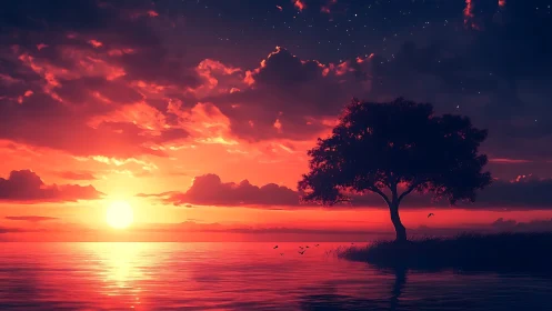 Radiant red sunset over tranquil lake with silhouetted shoreline tree